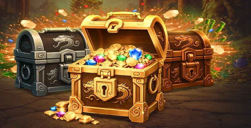 Asino lootbox promotion artwork with a jungle character and treasure chests